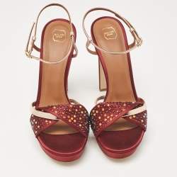 Malone Souliers Burgundy/Pink Satin and Leather Leather Lauren Crystals Sandals Size 39.5