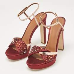 Malone Souliers Burgundy/Pink Satin and Leather Leather Lauren Crystals Sandals Size 39.5