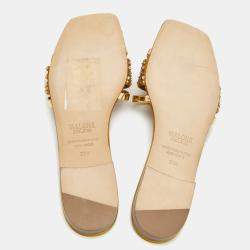 Pre Owned Malone Souliers Gold Leather Satin Rosa Flat Sandals Size 36.5