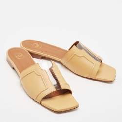 Pre Owned Malone Souliers Beige Leather and PVC Flat Slide Sandals Size 39.5