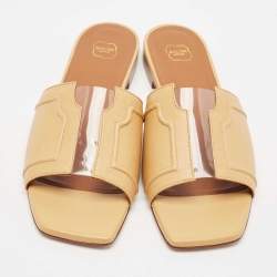 Pre Owned Malone Souliers Beige Leather and PVC Flat Slide Sandals Size 39.5