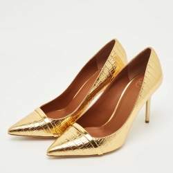 Pre Owned Malone Souliers Gold Croc Embossed Patent Leather Rina Pumps Size 39.5