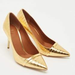 Pre Owned Malone Souliers Gold Croc Embossed Patent Leather Rina Pumps Size 39.5
