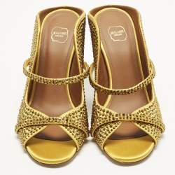 Pre Owned Malone Souliers Norah Size 36 Gold Satin Crystal Embellished Mules