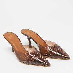 Pre Owned Malone Souliers Joella Size 39 Brown/Dark Brown Patent Leather and PVC Crystal Embellished Mules