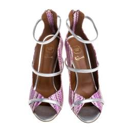 Pre Owned Malone Souliers Violet Python Embossed Leather Mika Triple Band Peep Toe Sandals Size 39