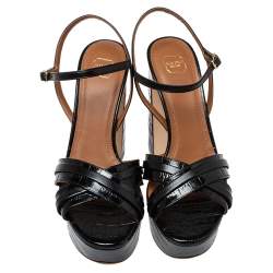 Pre Owned Malone Souliers Black Croc Embossed Leather Mila Ankle Strap Platform Sandals Size 37.5