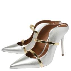 Pre Owned Malone Souliers Metallic Silver/Gold Leather Maureen Mule Pumps Size 38.5