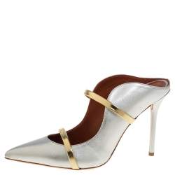 Pre Owned Malone Souliers Silver/Gold Leather Maureen Pointed Toe Mules Size 37.5