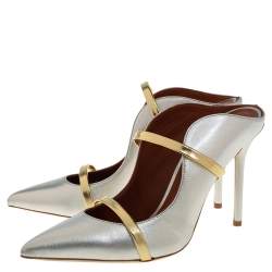 Pre Owned Malone Souliers Silver/Gold Leather Maureen Pointed Toe Mules Size 37.5