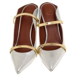 Pre Owned Malone Souliers Silver/Gold Leather Maureen Pointed Toe Mules Size 37.5