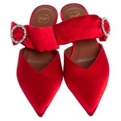 Pre Owned Malone Souliers Red Satin Maite Crystal Buckle Flats Size 37