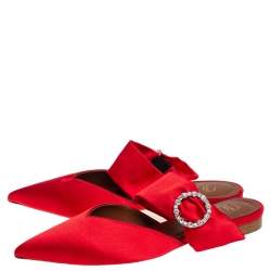 Pre Owned Malone Souliers Red Satin Maite Crystal Buckle Flats Size 37