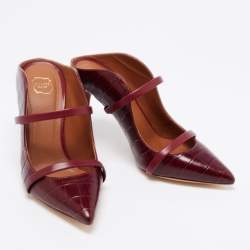 Pre Owned Malone Souliers Burgundy Croc Embossed Leather Maureen Mules Size  35