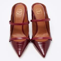 Pre Owned Malone Souliers Burgundy Croc Embossed Leather Maureen Mules Size  35