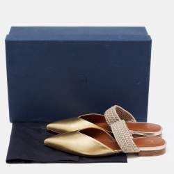 Pre Owned Malone Souliers Gold Leather and Fabric Maisie Slides Size 36