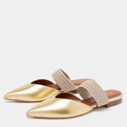 Pre Owned Malone Souliers Gold Leather and Fabric Maisie Slides Size 36