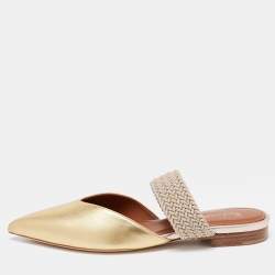 Pre Owned Malone Souliers Gold Leather and Fabric Maisie Slides Size 36