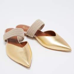 Pre Owned Malone Souliers Gold Leather and Fabric Maisie Slides Size 36