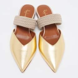 Pre Owned Malone Souliers Gold Leather and Fabric Maisie Slides Size 36