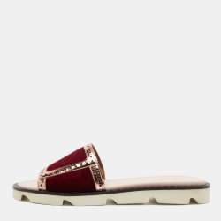 Pre Owned Malone Souliers Burgundy/Metallic Velvet and Foil Leather Flat Slides Size 36.5