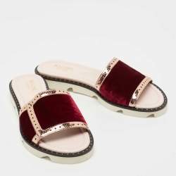 Pre Owned Malone Souliers Burgundy/Metallic Velvet and Foil Leather Flat Slides Size 36.5