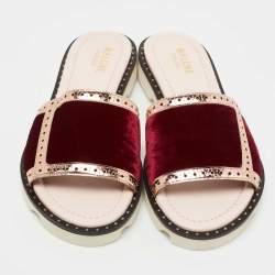 Pre Owned Malone Souliers Burgundy/Metallic Velvet and Foil Leather Flat Slides Size 36.5