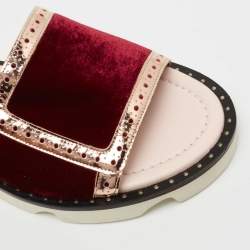 Pre Owned Malone Souliers Burgundy/Metallic Velvet and Foil Leather Flat Slides Size 36.5