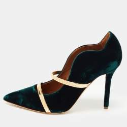 Pre Owned Malone Souliers Dark Green/Gold Velvet and Leather Maureen Pumps Size 37.5