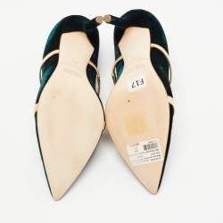 Pre Owned Malone Souliers Dark Green/Gold Velvet and Leather Maureen Pumps Size 37.5