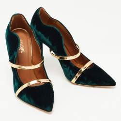 Pre Owned Malone Souliers Dark Green/Gold Velvet and Leather Maureen Pumps Size 37.5