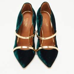 Pre Owned Malone Souliers Dark Green/Gold Velvet and Leather Maureen Pumps Size 37.5