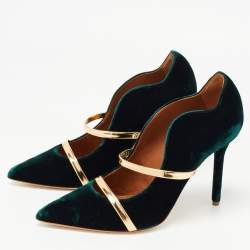 Pre Owned Malone Souliers Dark Green/Gold Velvet and Leather Maureen Pumps Size 37.5