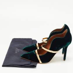 Pre Owned Malone Souliers Dark Green/Gold Velvet and Leather Maureen Pumps Size 37.5