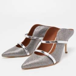 Pre Owned Malone Souliers Metallic Silver Glitter and Leather Maureen Sandals Size 36