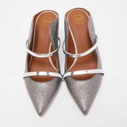 Pre Owned Malone Souliers Metallic Silver Glitter and Leather Maureen Sandals Size 36