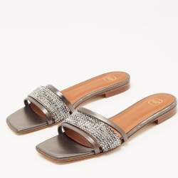 Pre Owned حذاء سلايدز فلات مالون سولييه دمي قماش وجلد فضي/ رمادي ميتالك مقاس 41