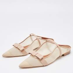 Malone Souliers Beige Mesh and Leather Marguerite Bow Flat Mules Size 41