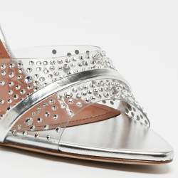 Pre Owned Malone Souliers Silver Leather and Crystal Embellished PVC Julia Sandals Size 41