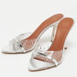Pre Owned Malone Souliers Silver Leather and Crystal Embellished PVC Julia Sandals Size 41