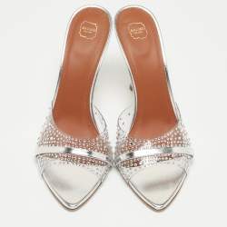 Pre Owned Malone Souliers Silver Leather and Crystal Embellished PVC Julia Sandals Size 41