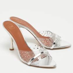 Pre Owned Malone Souliers Silver Leather and Crystal Embellished PVC Julia Sandals Size 41