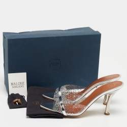 Pre Owned Malone Souliers Silver Leather and Crystal Embellished PVC Julia Sandals Size 41