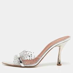 Pre Owned Malone Souliers Silver Leather and Crystal Embellished PVC Julia Sandals Size 41