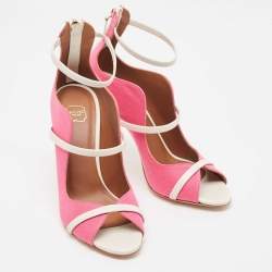 Pre Owned Malone Souliers Pink/Cream Canvas Mika  Ankle Strap Pumps Size 38