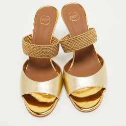 Pre Owned Malone Souliers Gold Leather and Woven Lurex  Milena Slides Size 39
