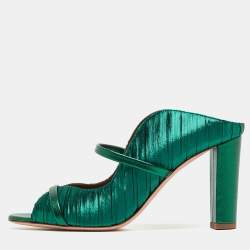 Pre Owned Malone Souliers Green Pleated Satin Norah Mules Size 40.5