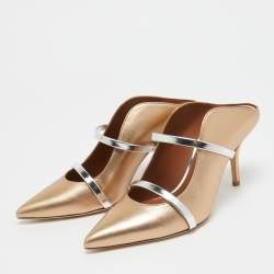 Pre Owned Malone Souliers Gold/Silver Leather Maureen Mules  Size 38 