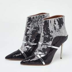 Pre Owned Malone Souliers Silver/Black Sequins Pointed Toe Ankle Booties Size 41