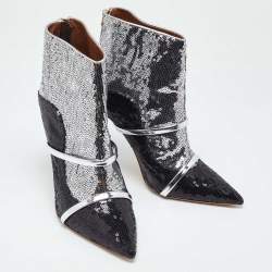 Pre Owned Malone Souliers Silver/Black Sequins Pointed Toe Ankle Booties Size 41